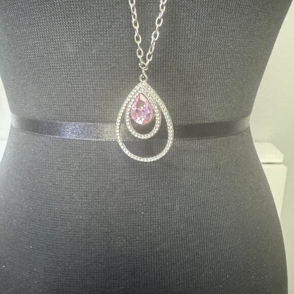 Teardrop Pendant Necklace Silver Chain Pink Gemstone Crystal Rhinestones 36 Inch - Picture 2 of 4